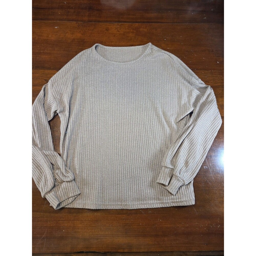 Womens Waffle Knit Top Medium Taupe Oversized Balloon Sleeve Ribbed Sweater Soft
